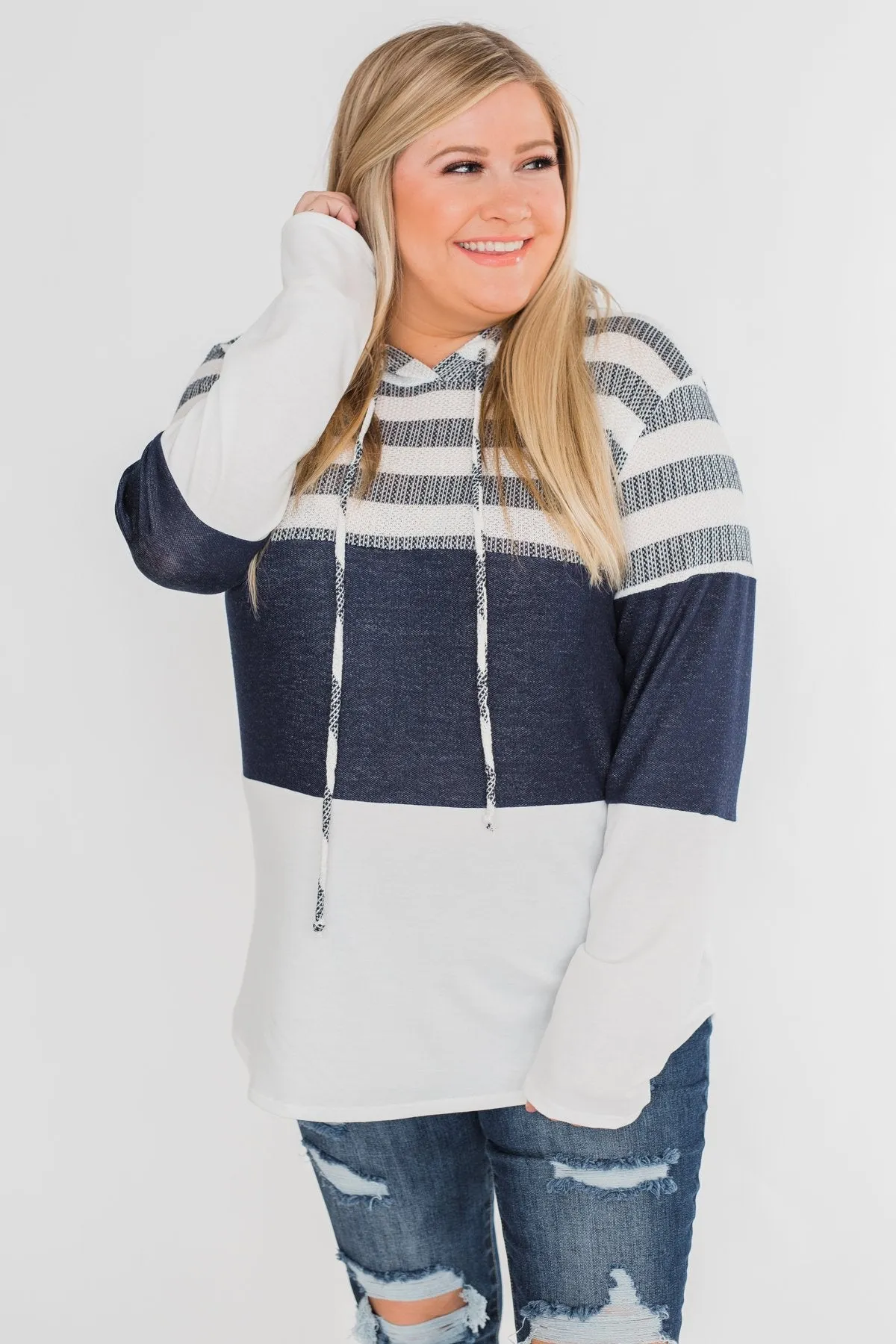 Speak to Me Color Block Drawstring Hoodie- Navy & Ivory