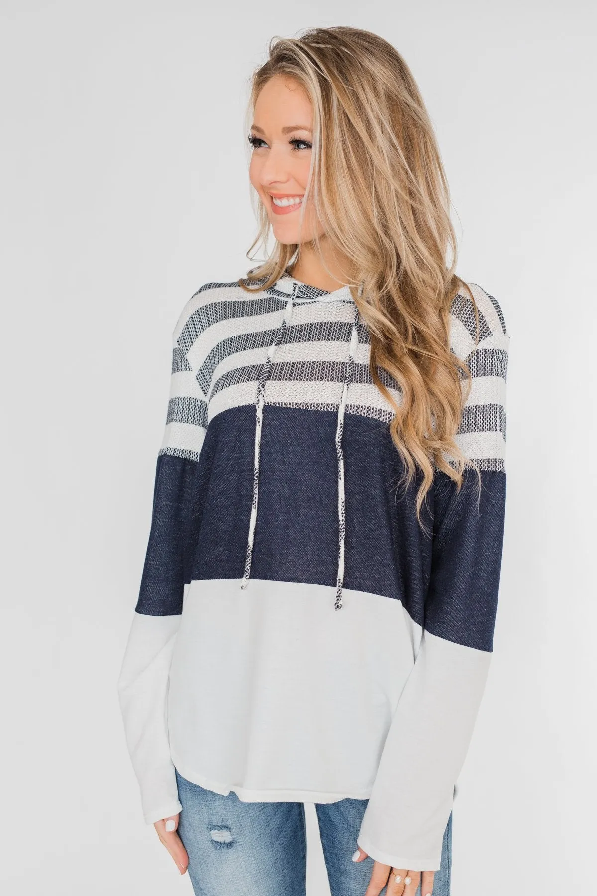 Speak to Me Color Block Drawstring Hoodie- Navy & Ivory