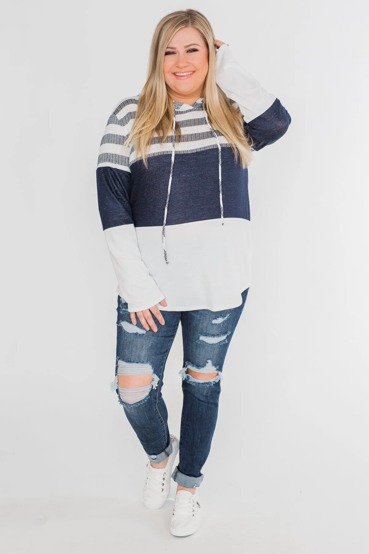 Speak to Me Color Block Drawstring Hoodie- Navy & Ivory