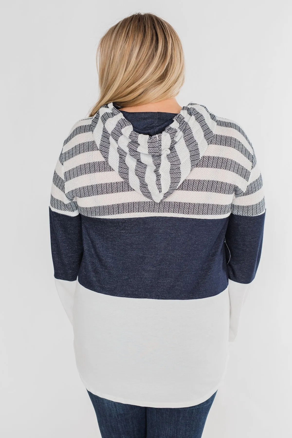Speak to Me Color Block Drawstring Hoodie- Navy & Ivory