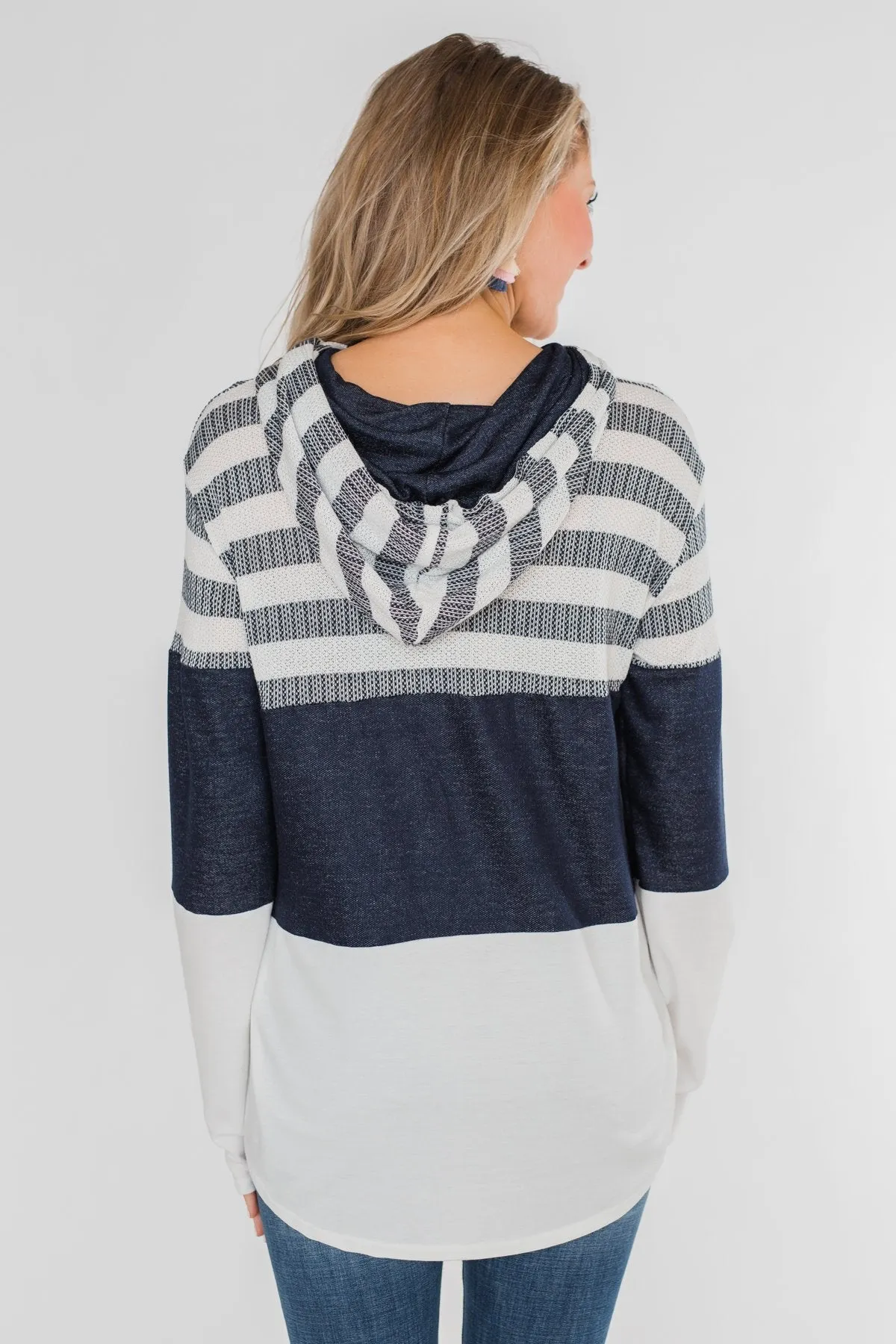 Speak to Me Color Block Drawstring Hoodie- Navy & Ivory