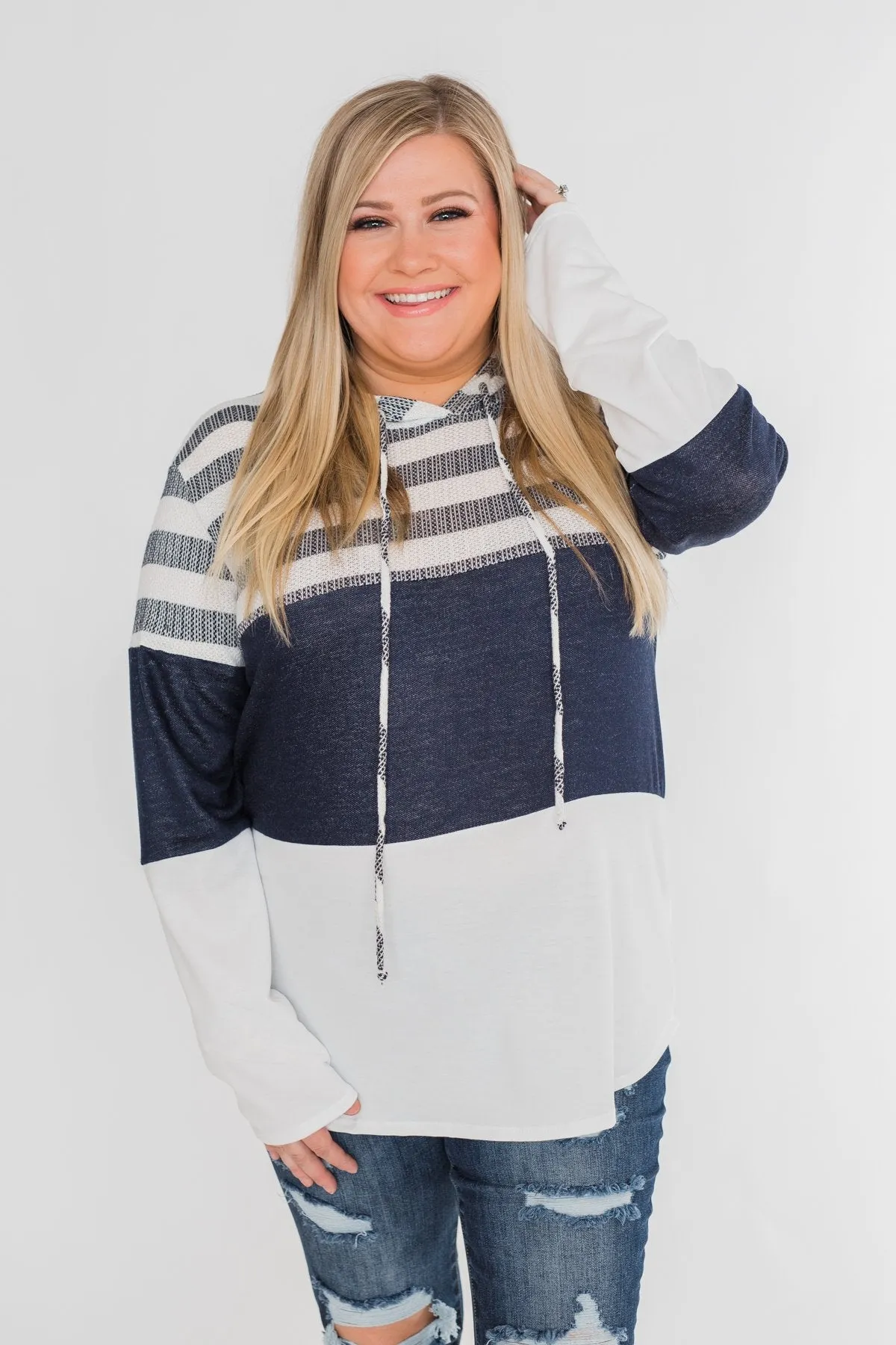 Speak to Me Color Block Drawstring Hoodie- Navy & Ivory