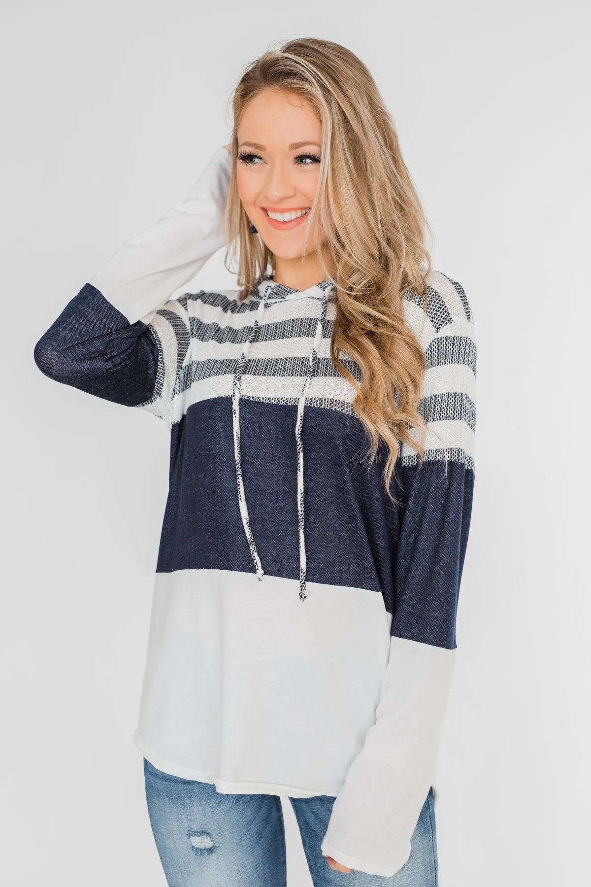 Speak to Me Color Block Drawstring Hoodie- Navy & Ivory