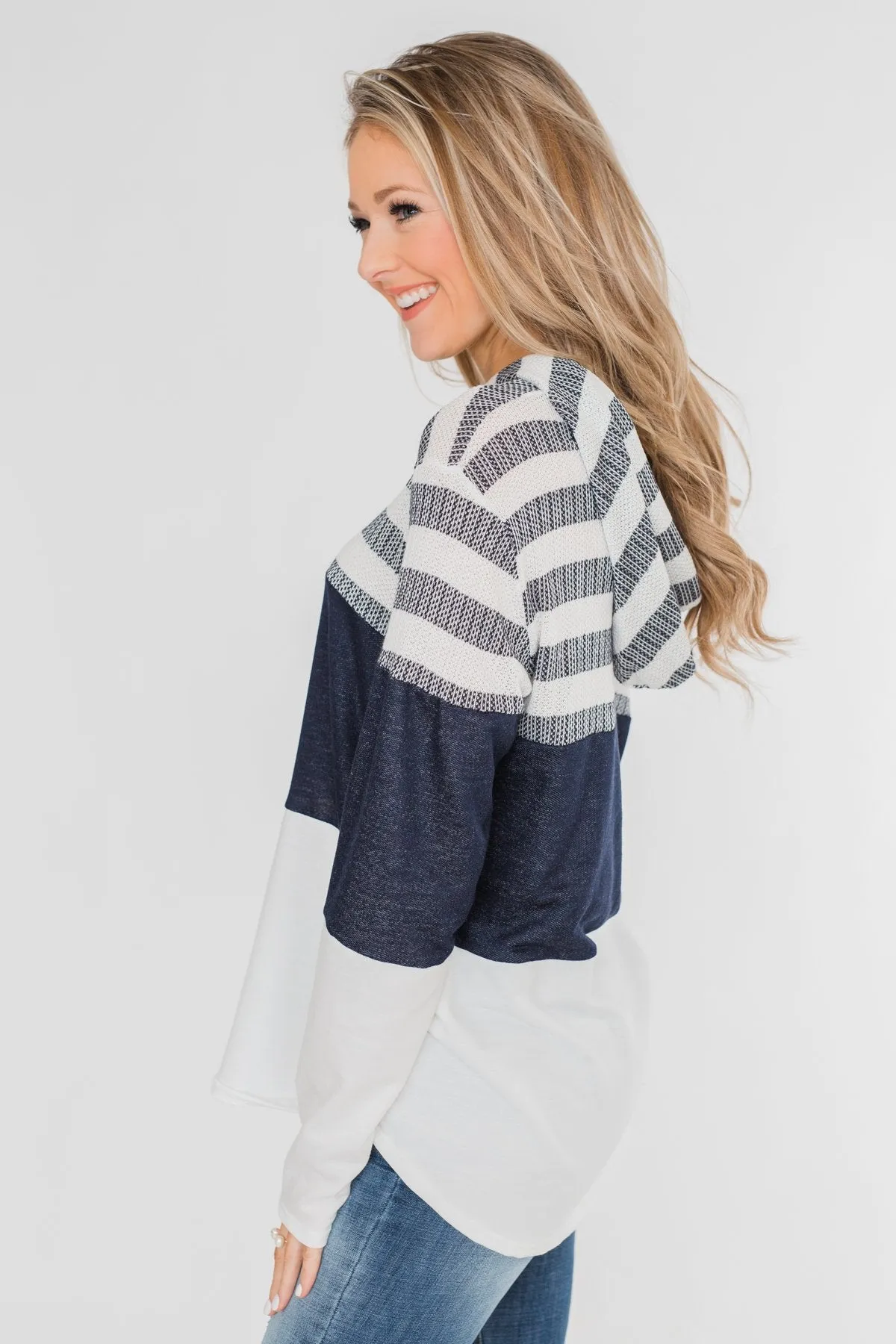 Speak to Me Color Block Drawstring Hoodie- Navy & Ivory