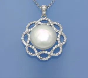 Sterling Silver Pendant with 13-13.5mm Coin Shape Freshwater Pearl and Cubic Zirconia