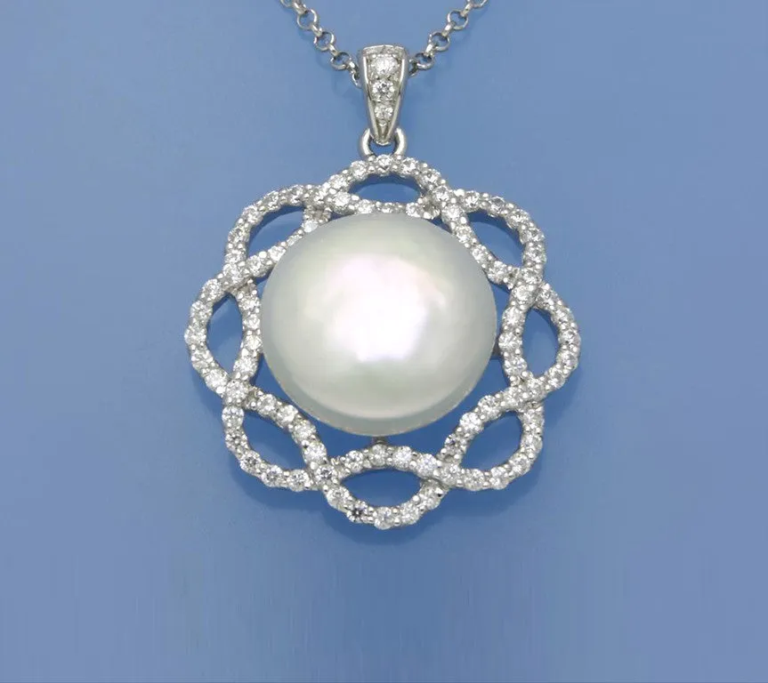 Sterling Silver Pendant with 13-13.5mm Coin Shape Freshwater Pearl and Cubic Zirconia