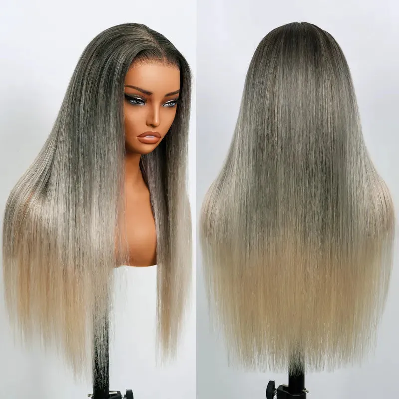 Straight Blonde Balayage with Dark Roots 13x4 Transparent Lace Frontal Clean Bleached & Pre-Plucked Wig Customized Color for Black Women
