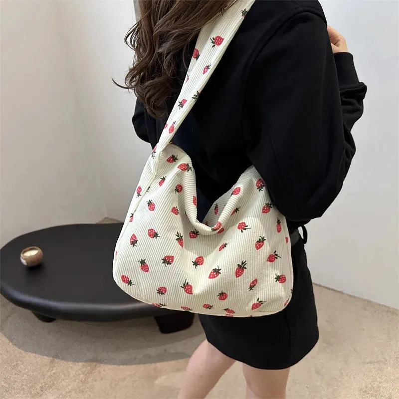 Strawberry Printed Shoulder Bag Corduroy Crossbody Bag Large Capacity Women Tote Bag Aesthetic Commuting Satchel Handbags Bolsas