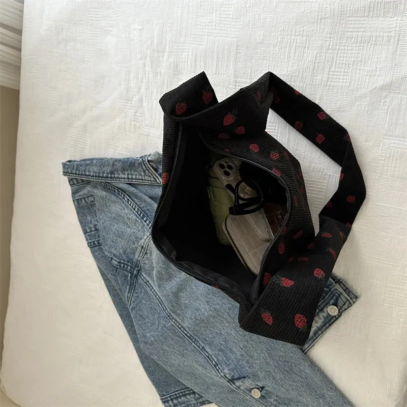 Strawberry Printed Shoulder Bag Corduroy Crossbody Bag Large Capacity Women Tote Bag Aesthetic Commuting Satchel Handbags Bolsas