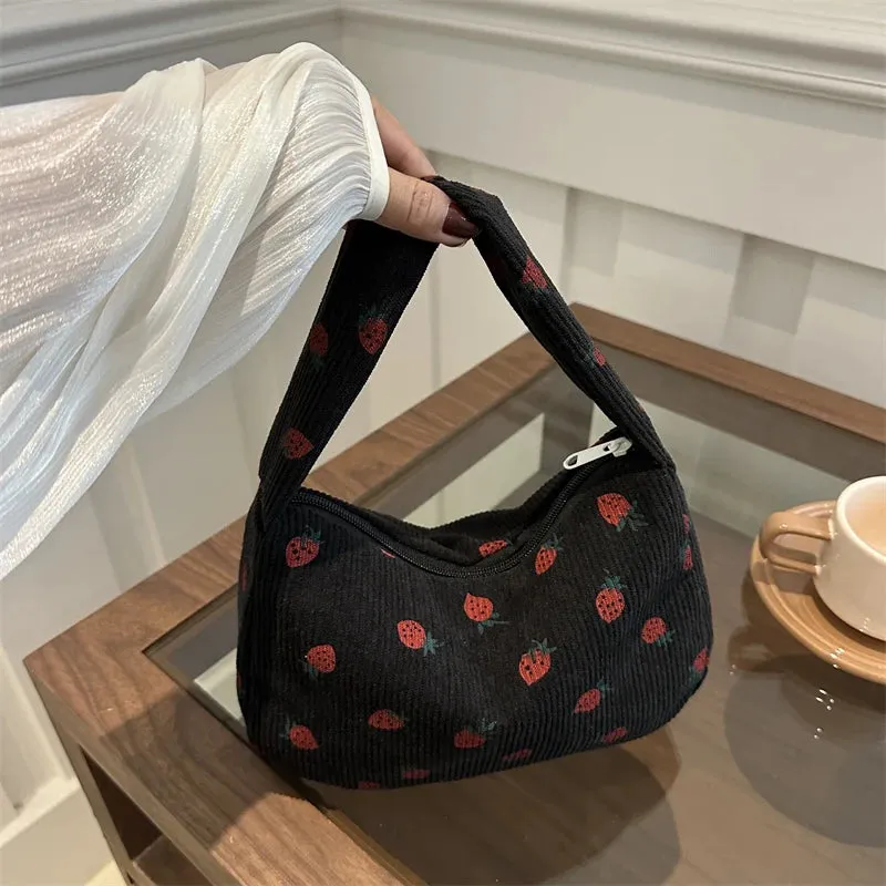 Strawberry Printed Shoulder Bag Corduroy Crossbody Bag Large Capacity Women Tote Bag Aesthetic Commuting Satchel Handbags Bolsas