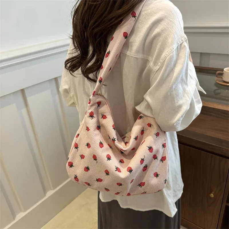 Strawberry Printed Shoulder Bag Corduroy Crossbody Bag Large Capacity Women Tote Bag Aesthetic Commuting Satchel Handbags Bolsas