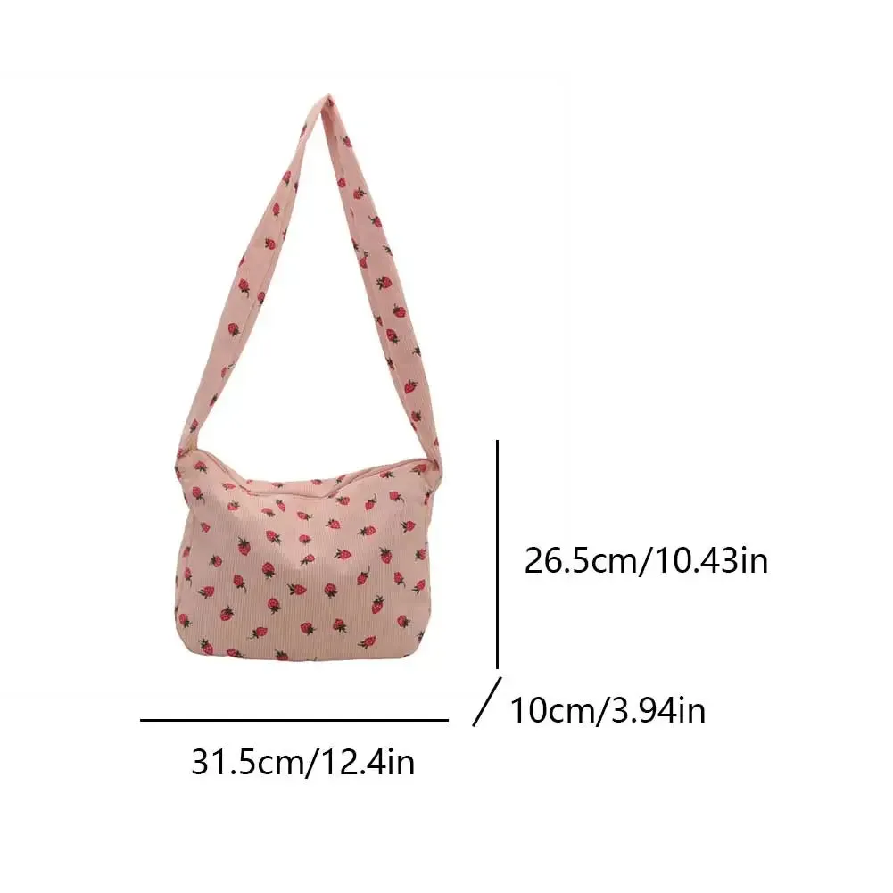 Strawberry Printed Shoulder Bag Corduroy Crossbody Bag Large Capacity Women Tote Bag Aesthetic Commuting Satchel Handbags Bolsas