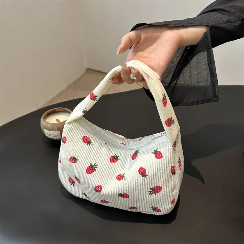 Strawberry Printed Shoulder Bag Corduroy Crossbody Bag Large Capacity Women Tote Bag Aesthetic Commuting Satchel Handbags Bolsas