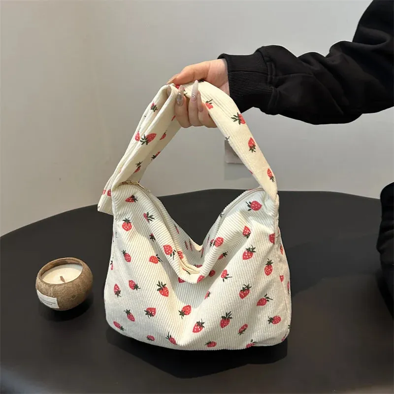 Strawberry Printed Shoulder Bag Corduroy Crossbody Bag Large Capacity Women Tote Bag Aesthetic Commuting Satchel Handbags Bolsas