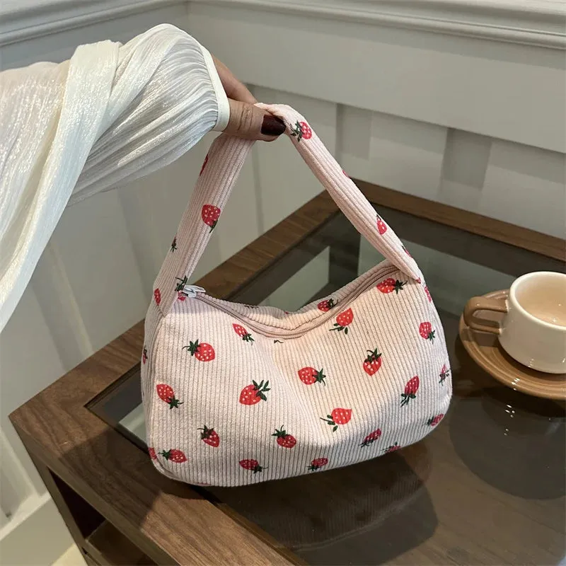 Strawberry Printed Shoulder Bag Corduroy Crossbody Bag Large Capacity Women Tote Bag Aesthetic Commuting Satchel Handbags Bolsas