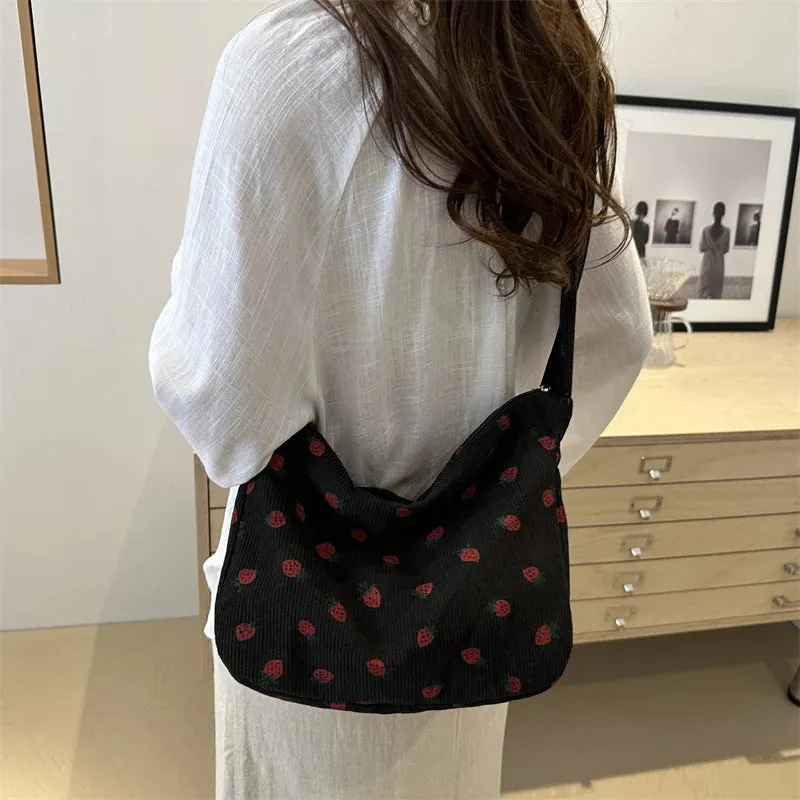 Strawberry Printed Shoulder Bag Corduroy Crossbody Bag Large Capacity Women Tote Bag Aesthetic Commuting Satchel Handbags Bolsas