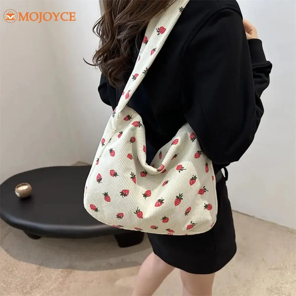 Strawberry Printed Shoulder Bag Corduroy Crossbody Bag Large Capacity Women Tote Bag Aesthetic Commuting Satchel Handbags Bolsas