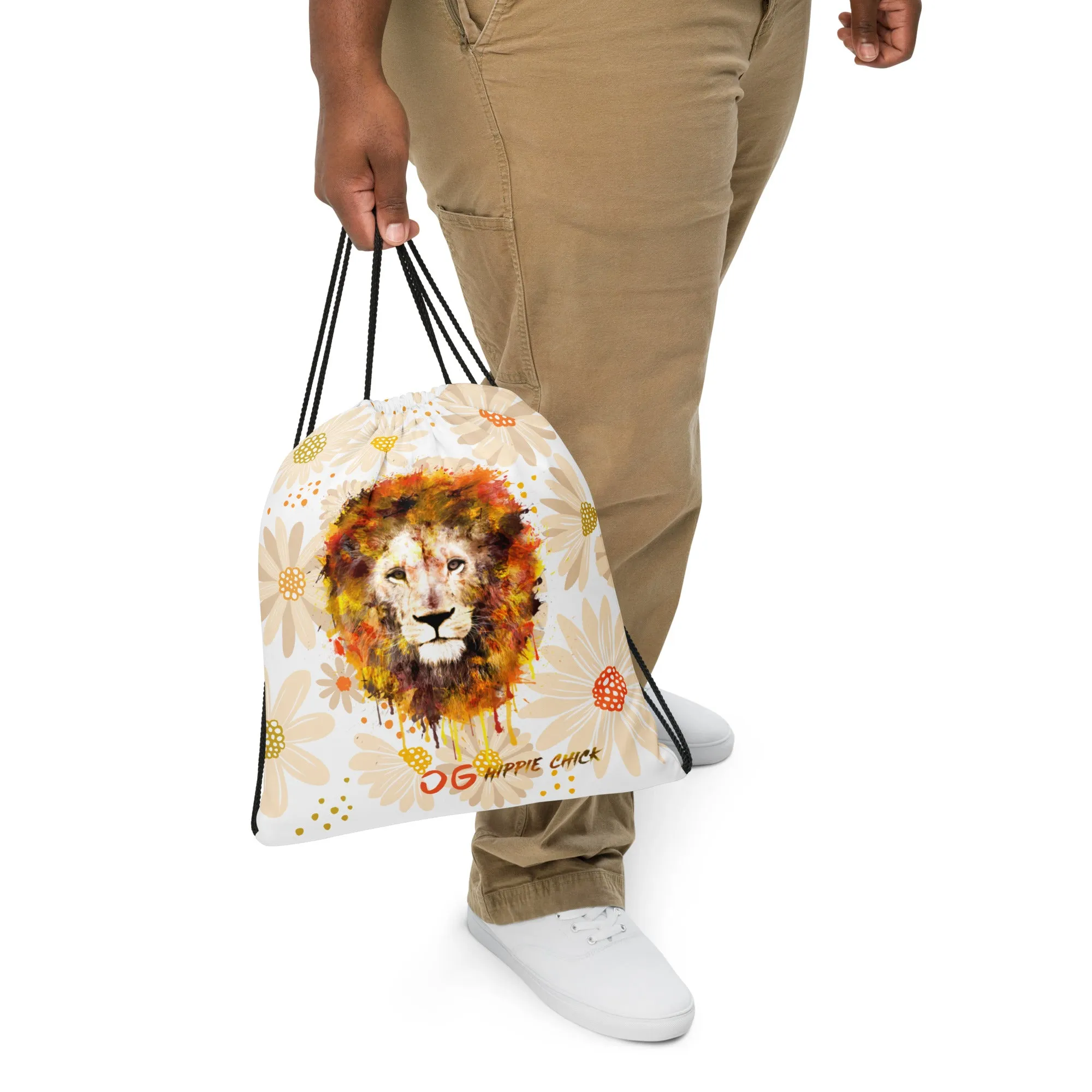 Tan Daisies Drawstring Bag