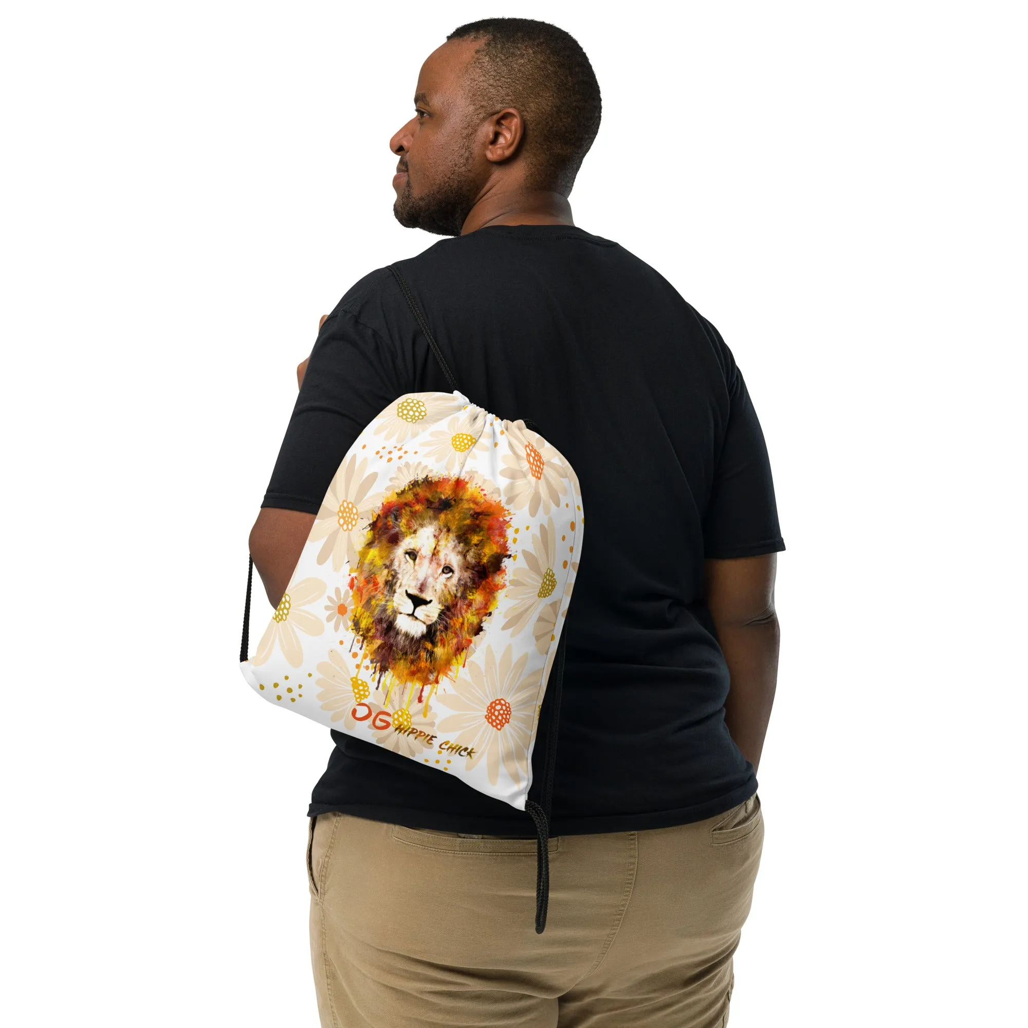 Tan Daisies Drawstring Bag