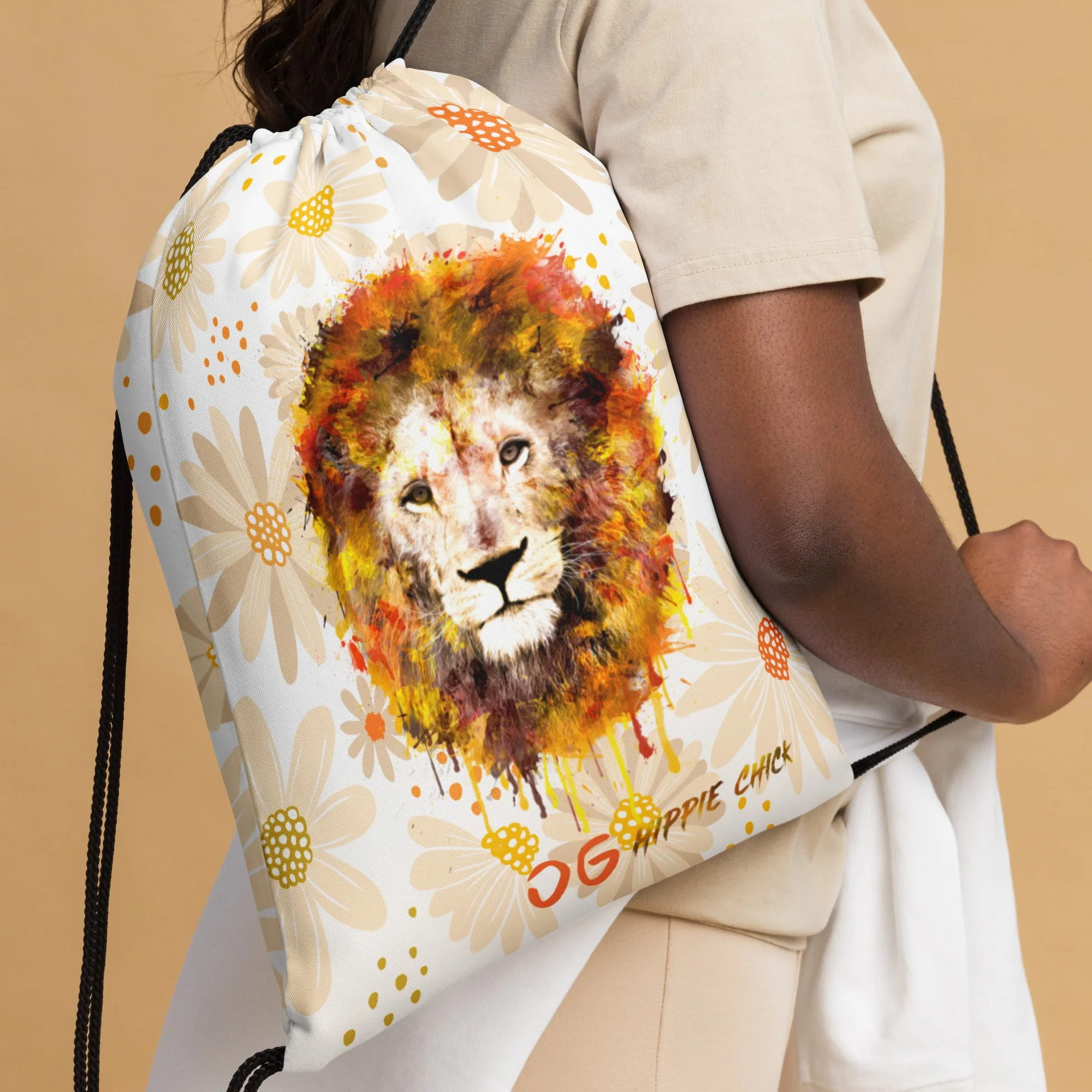 Tan Daisies Drawstring Bag
