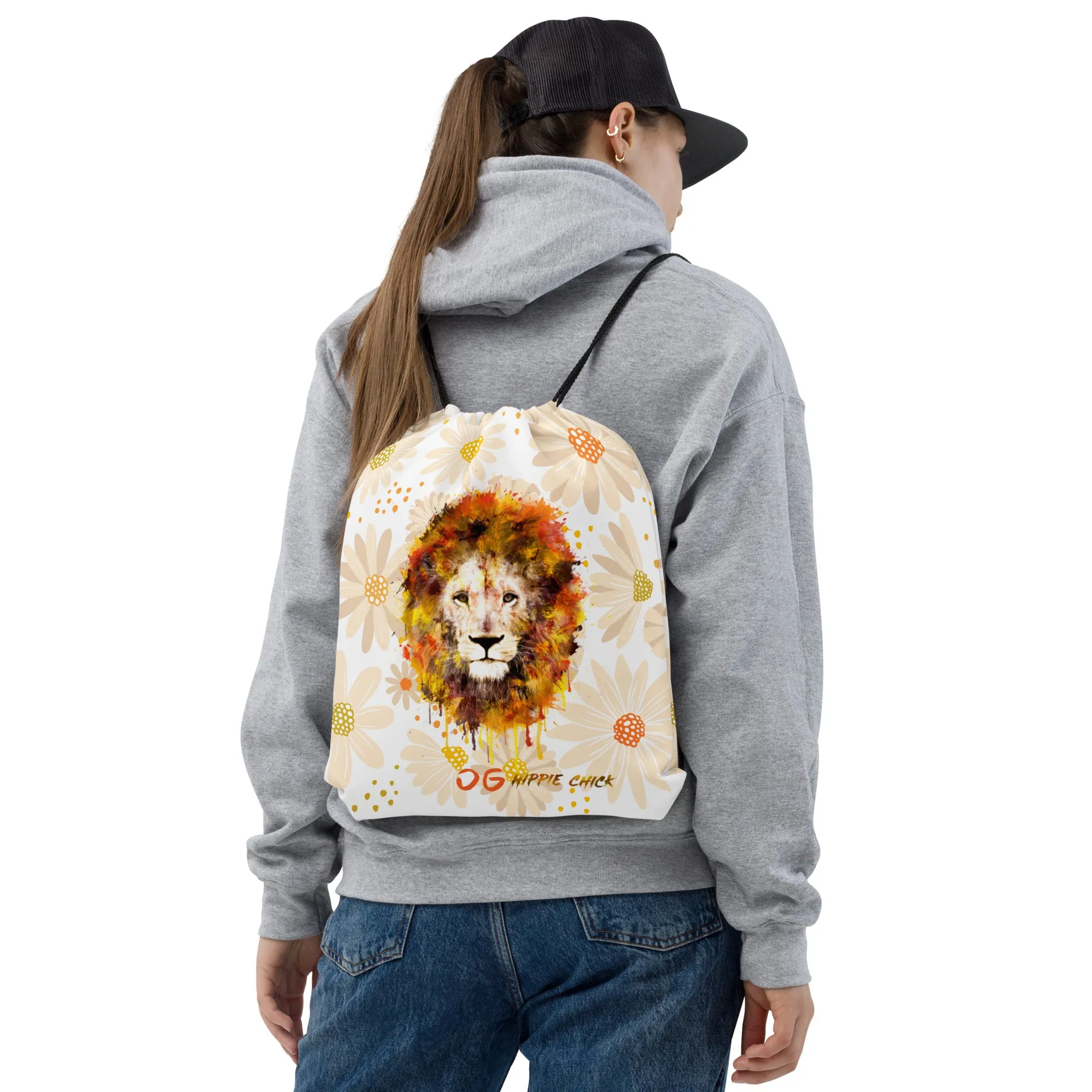 Tan Daisies Drawstring Bag