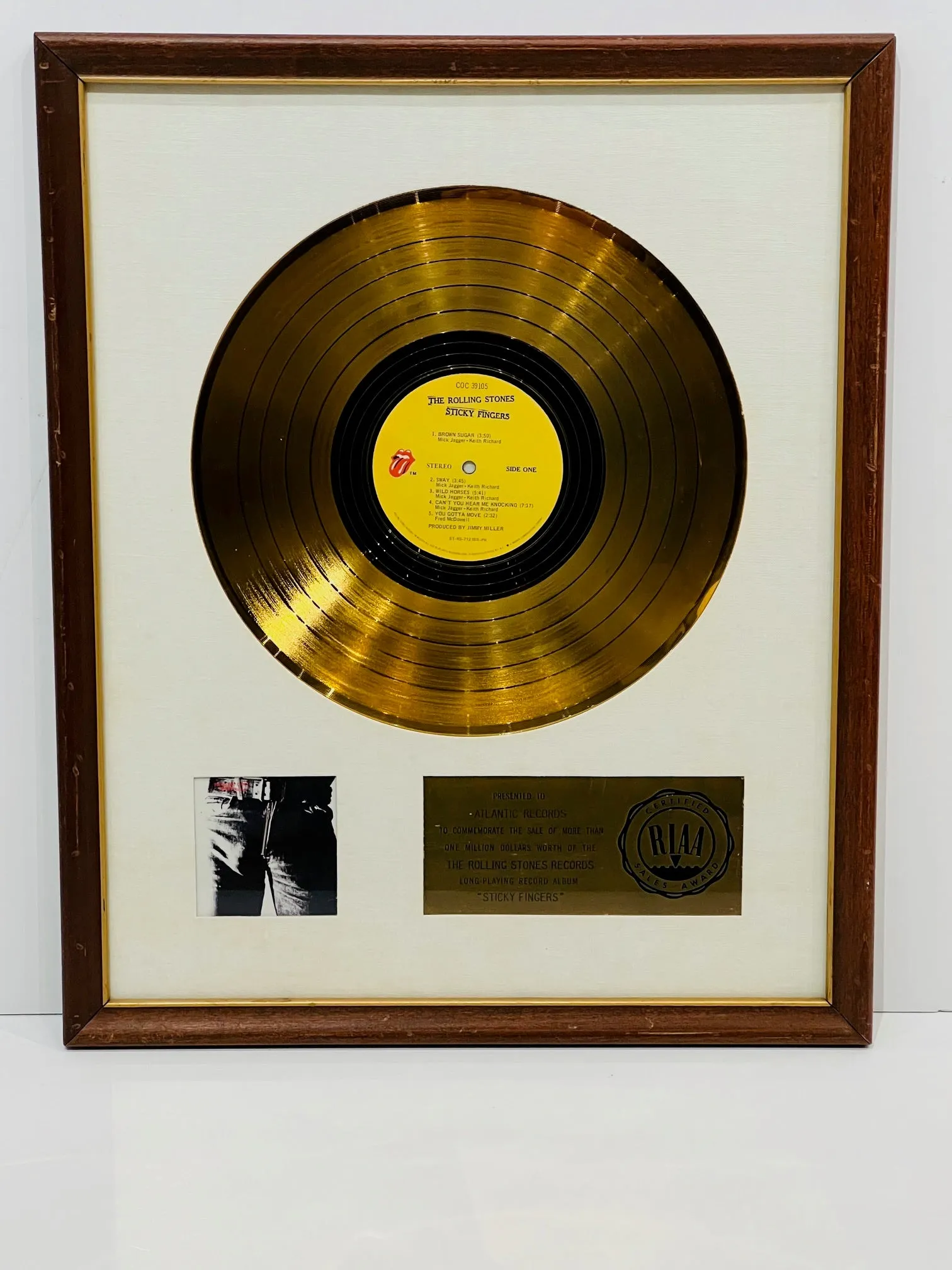 The Rolling Stones ' Sticky Fingers ' ~ RARE RIAA White Matte Gold Record® Award