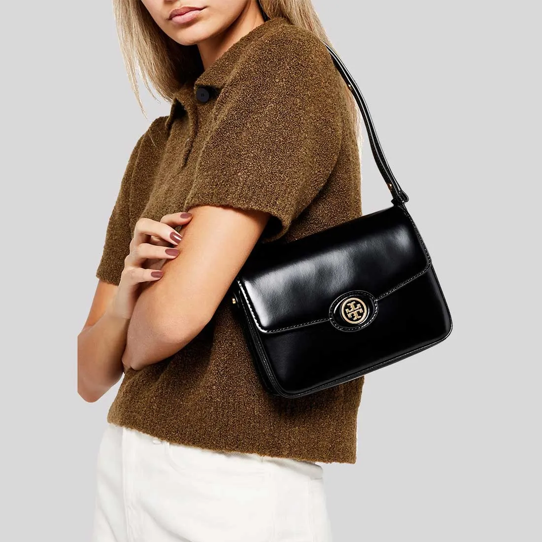 TORY BURCH Robinson Spazzolato Convertible Shoulder Bag Black RB-143122