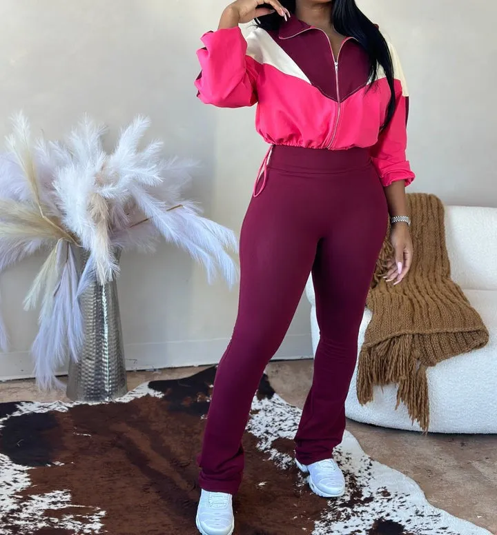 Two-piece trousers with drawstring jacket