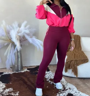 Two-piece trousers with drawstring jacket