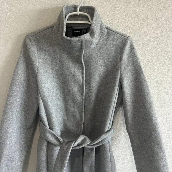 Vero Moda Gray Long Midi Funnel Neck Tie-Waist Coat Jacket