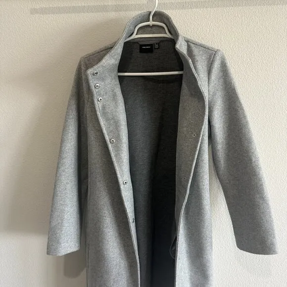 Vero Moda Gray Long Midi Funnel Neck Tie-Waist Coat Jacket