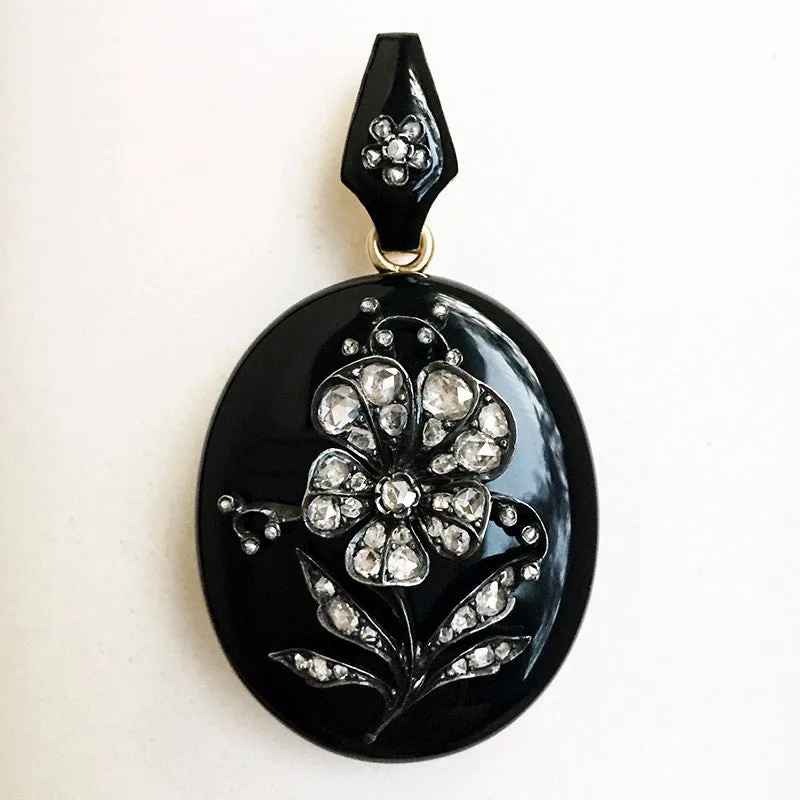 Victorian Black Enamel Diamond Pansy Locket