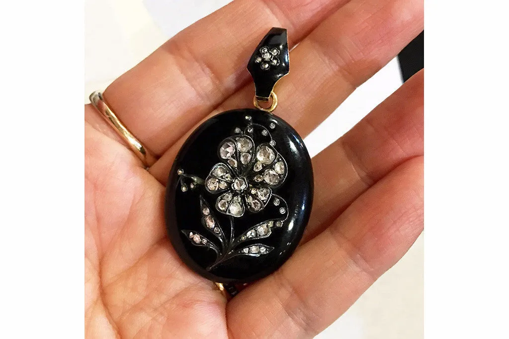 Victorian Black Enamel Diamond Pansy Locket