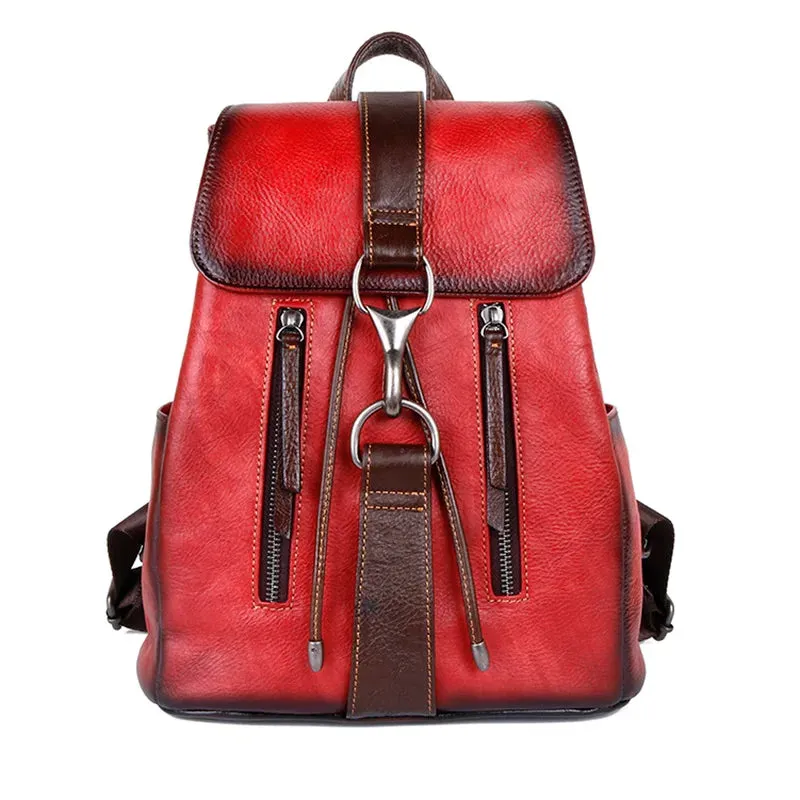 Vintage Women's Casual Leather Backpack  - Brown/Coffee/Red - 12 inches