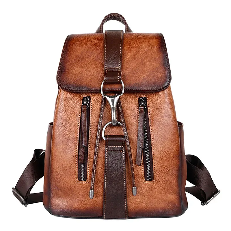 Vintage Women's Casual Leather Backpack  - Brown/Coffee/Red - 12 inches