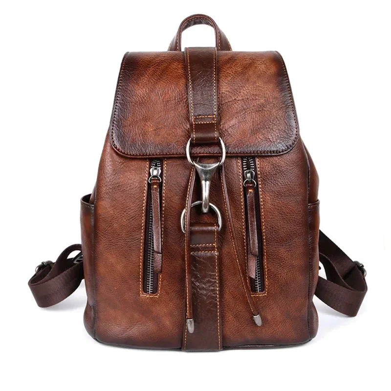 Vintage Women's Casual Leather Backpack  - Brown/Coffee/Red - 12 inches