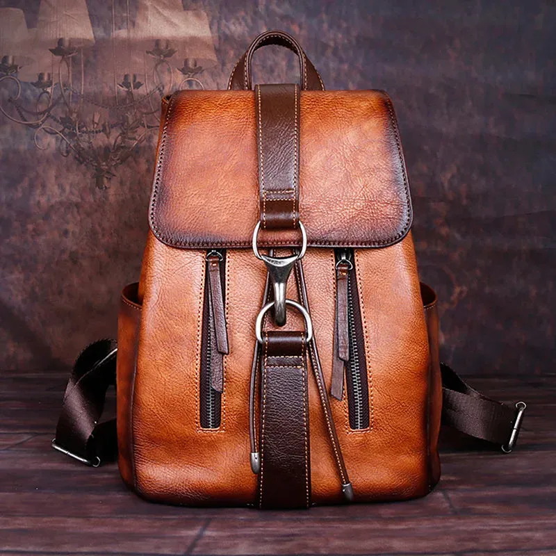 Vintage Women's Casual Leather Backpack  - Brown/Coffee/Red - 12 inches
