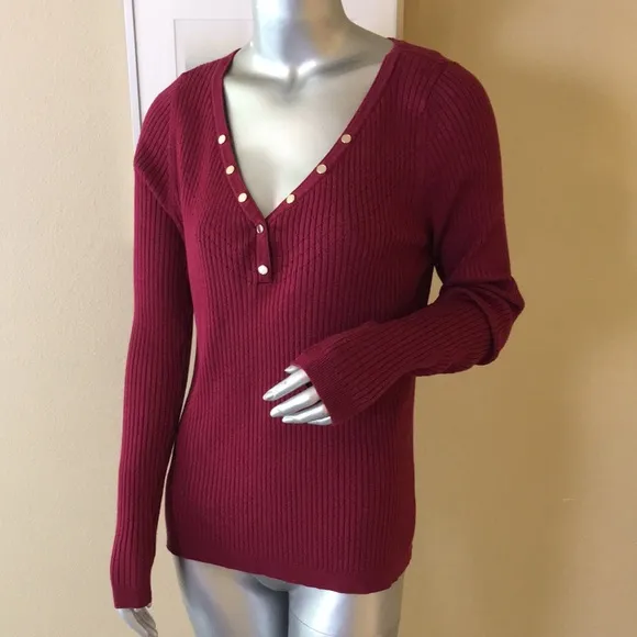 WHBM | Ribbed Snap-Front Henley Dark Sangria