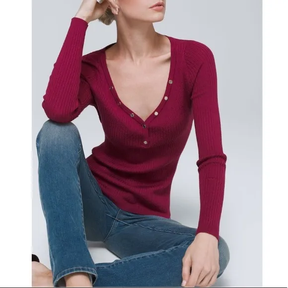 WHBM | Ribbed Snap-Front Henley Dark Sangria