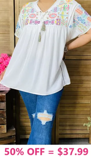 White light weight top with Embroidery