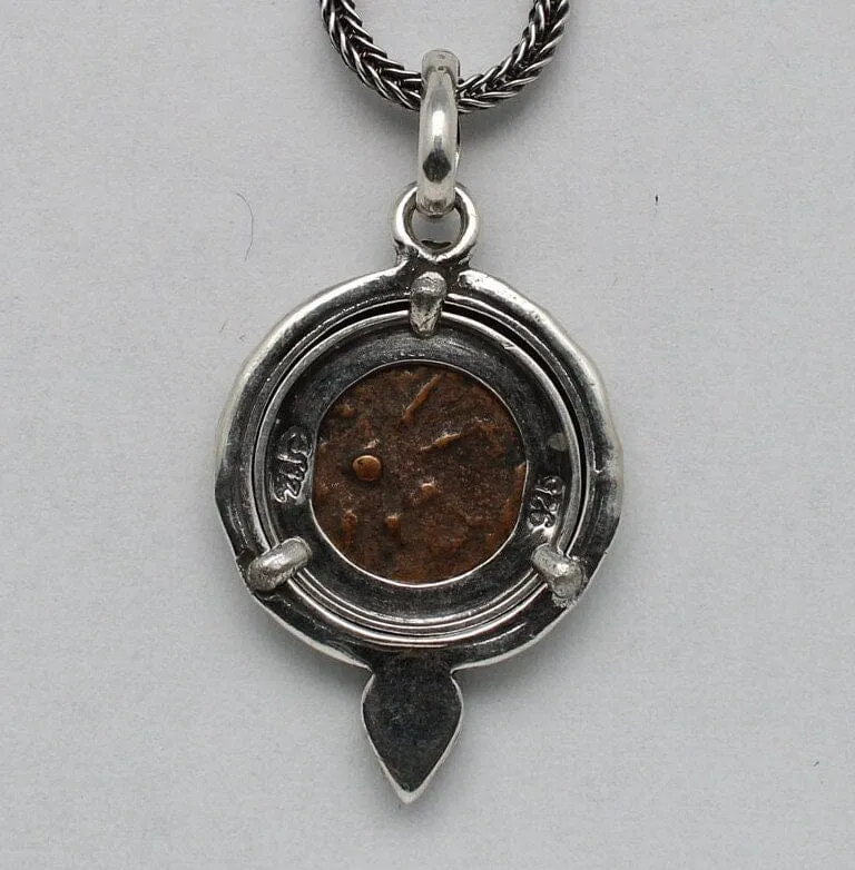 Widows Mite Prutah Coin, Silver Pendant with Garnet, 00211