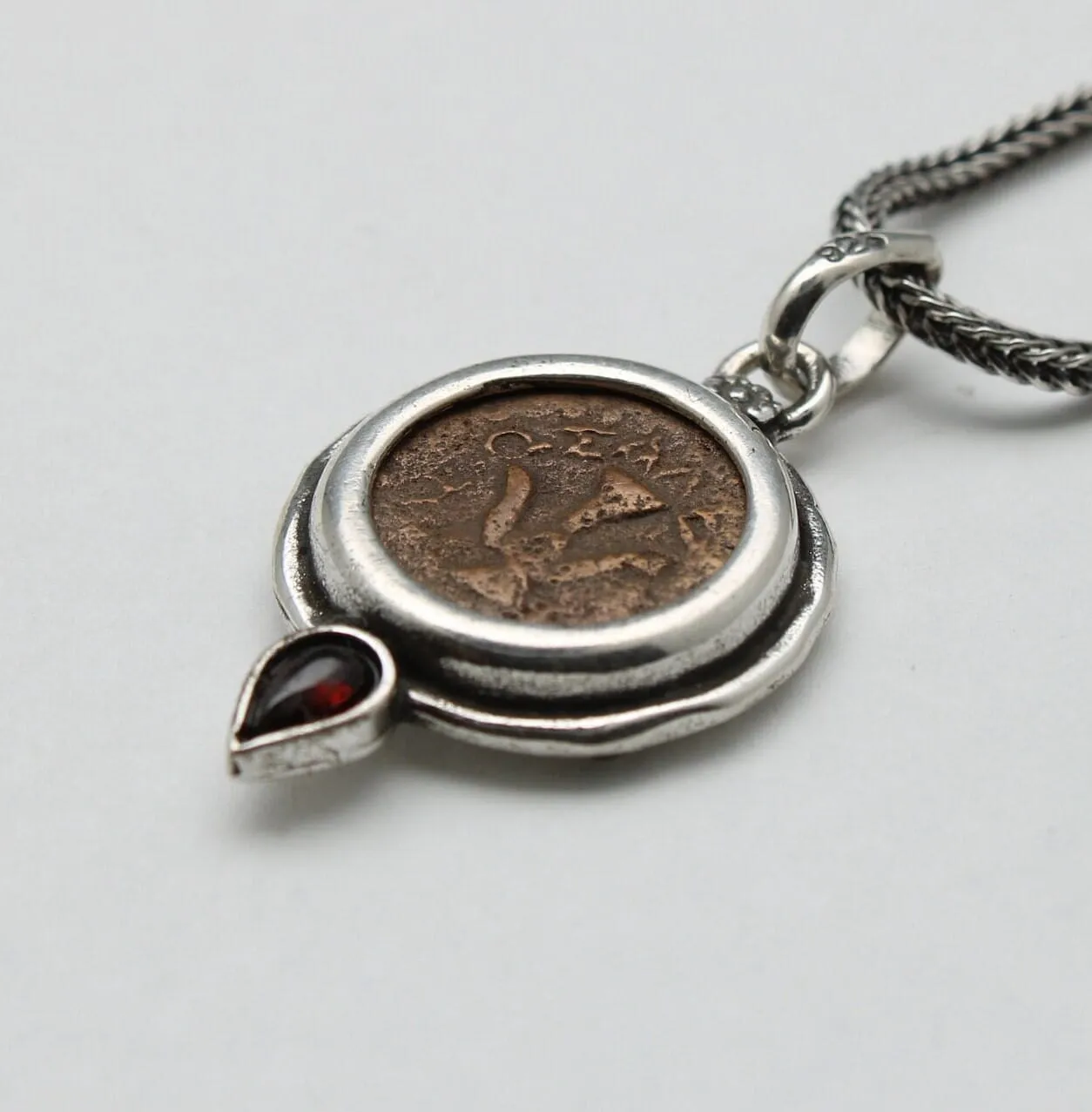 Widows Mite Prutah Coin, Silver Pendant with Garnet, 00211