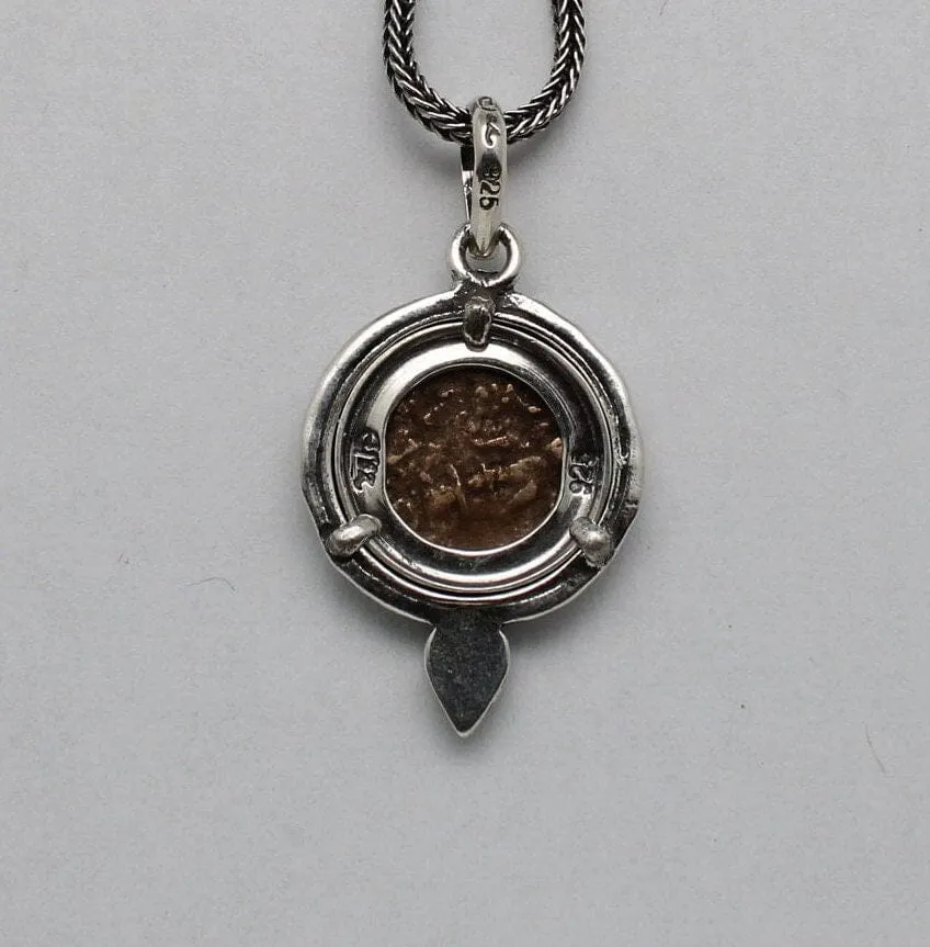 Widows Mite Prutah Coin, Silver Pendant with Garnet, 00212