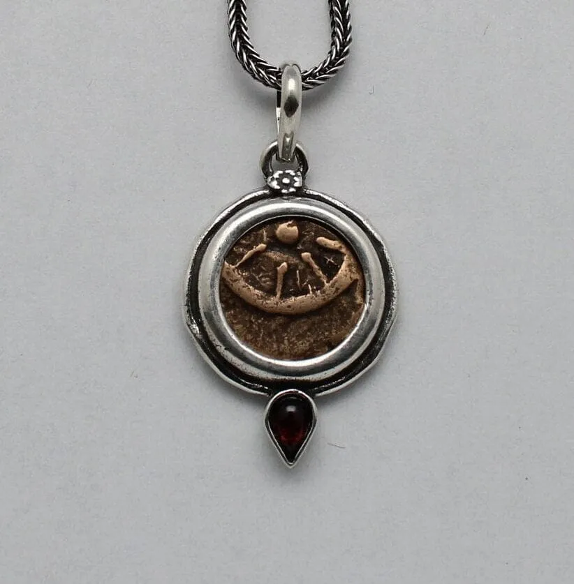 Widows Mite Prutah Coin, Silver Pendant with Garnet, 00212