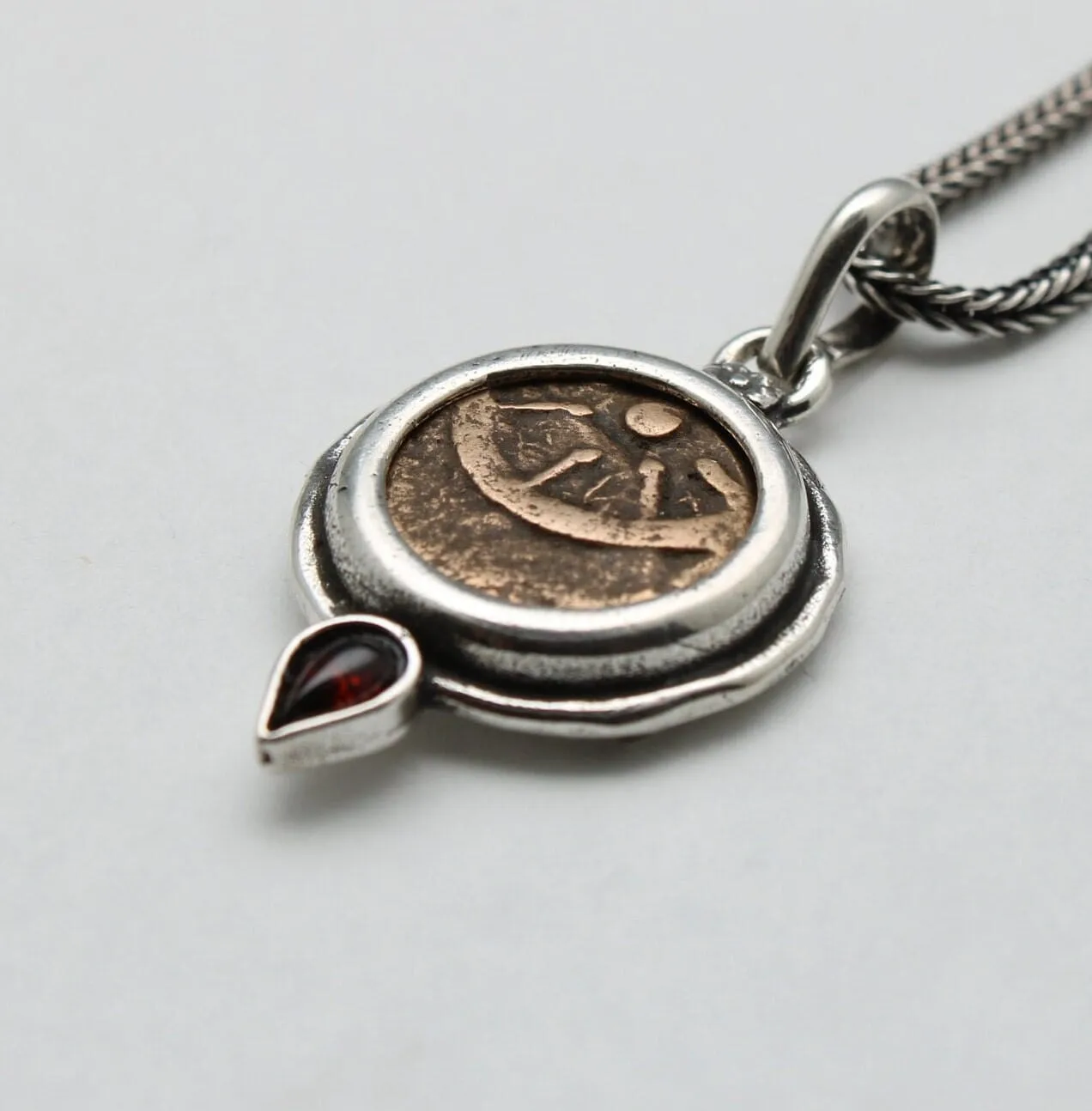 Widows Mite Prutah Coin, Silver Pendant with Garnet, 00212