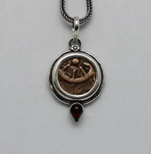 Widows Mite Prutah Coin, Silver Pendant with Garnet, 00212