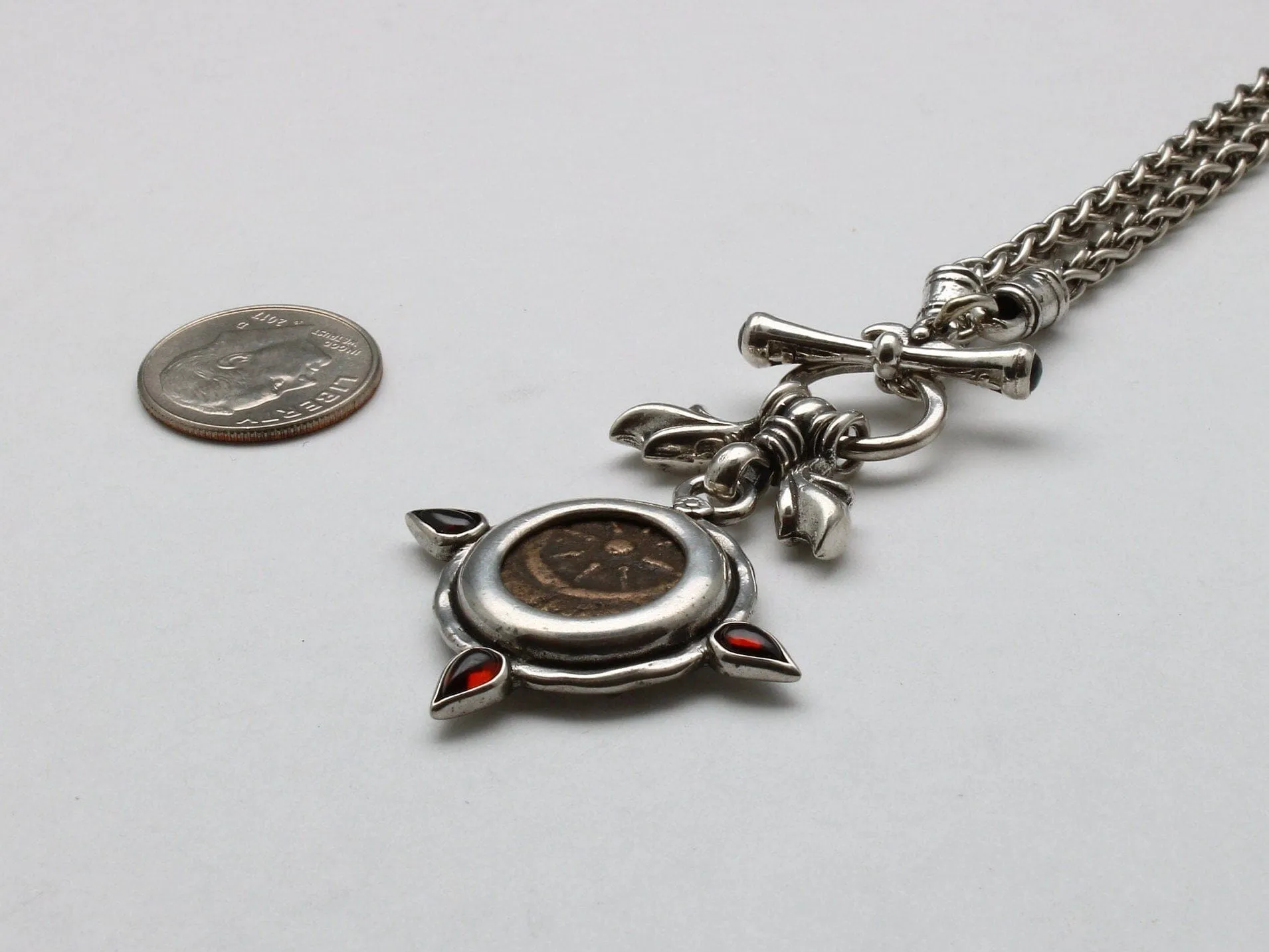 Widows Mite Prutah Coin, Silver Toggle Necklace with Garnets, 00238