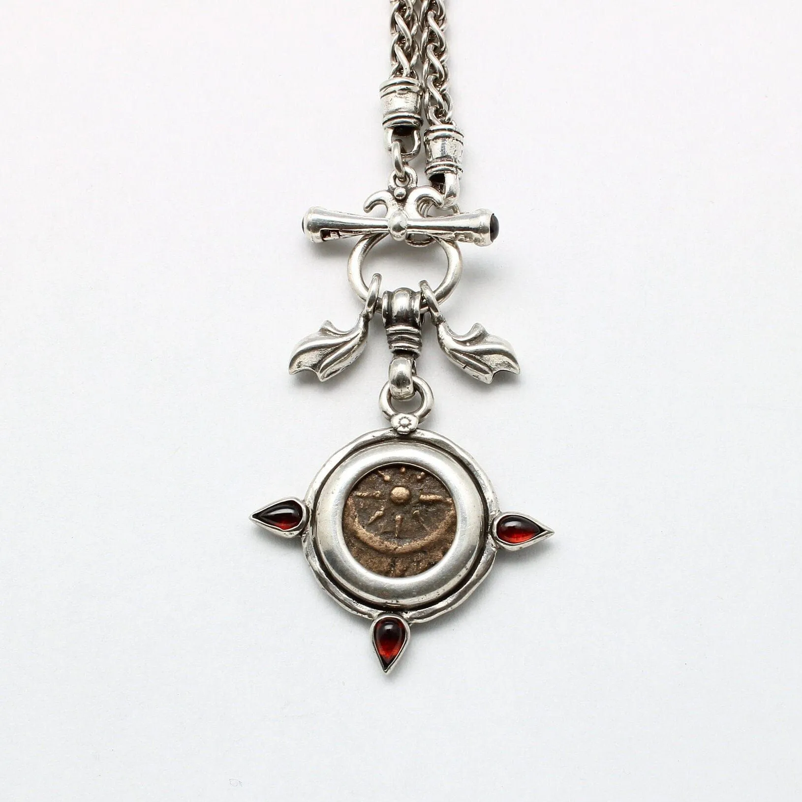 Widows Mite Prutah Coin, Silver Toggle Necklace with Garnets, 00238