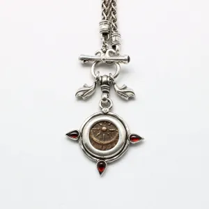 Widows Mite Prutah Coin, Silver Toggle Necklace with Garnets, 00238