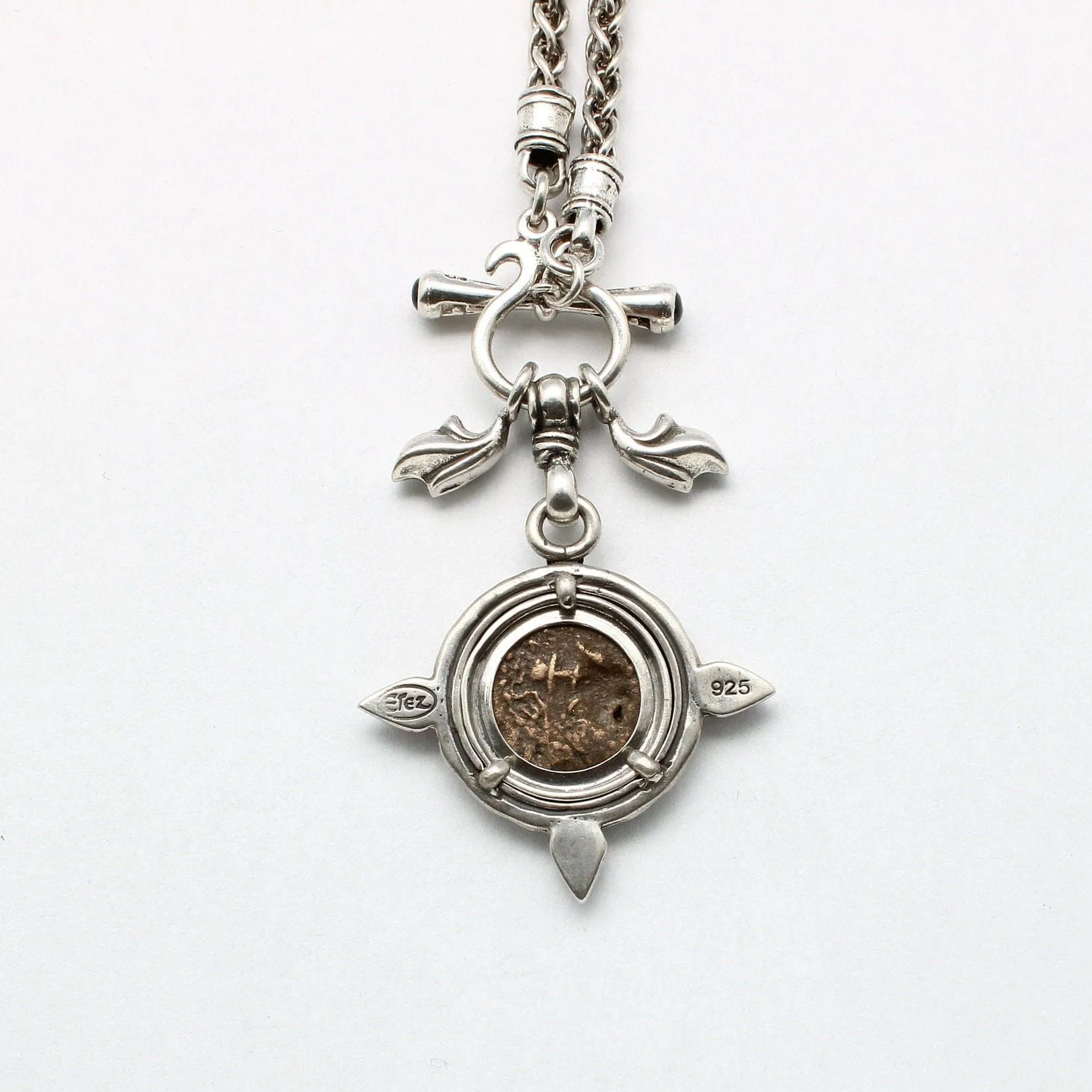 Widows Mite Prutah Coin, Silver Toggle Necklace with Garnets, 00238